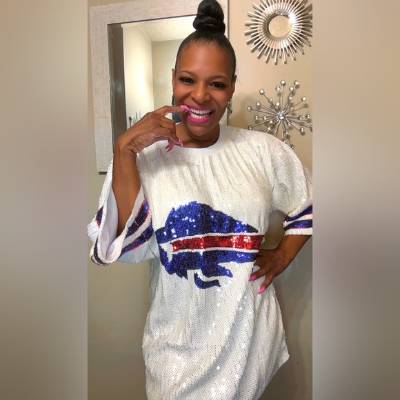 Sale‼️Buffalo Bills sequin dress. White Sequin T-Shirt with Blue and Red Buffalo - Picture 5 of 11